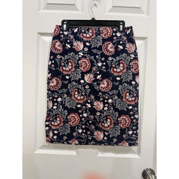 LOFT Outlet Skirt Womens 4 Navy Floral Jacquard Pencil Cotton Blend Stretch - Picture 1 of 10